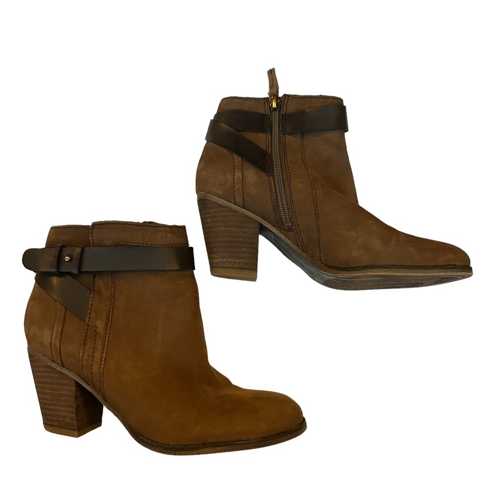 Franco Sarto Leather Dotty Booties Stacked Heel Round Toe Side Zip Brown Size 6